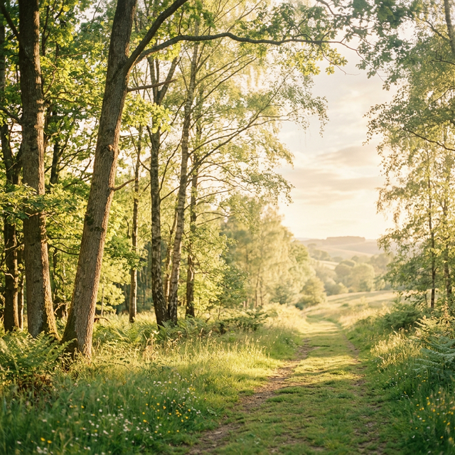 Harmonisk naturbild fylld av morgonljus genom lövträd